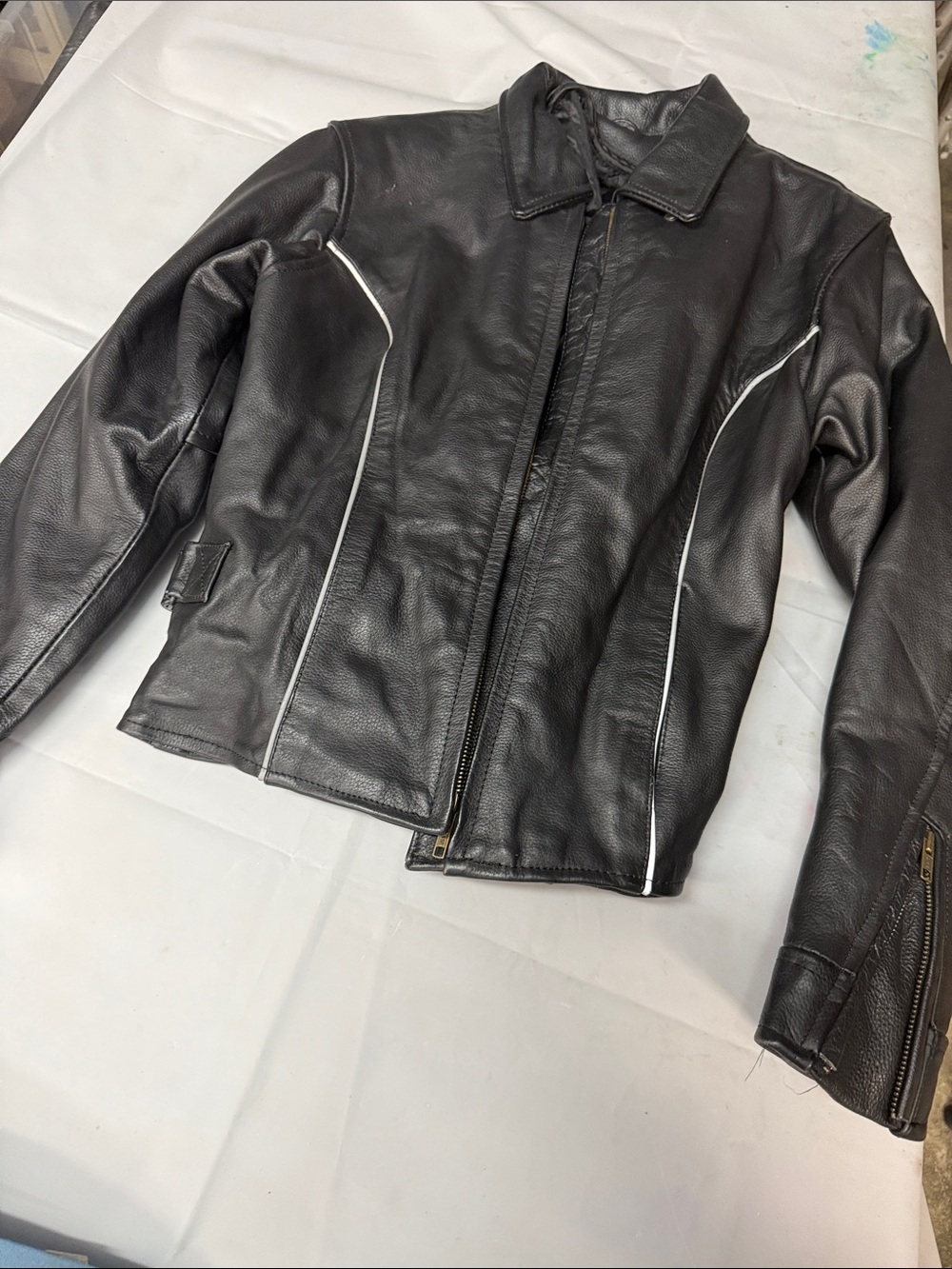 Women's Black Leather Jacket with White Piping Detail